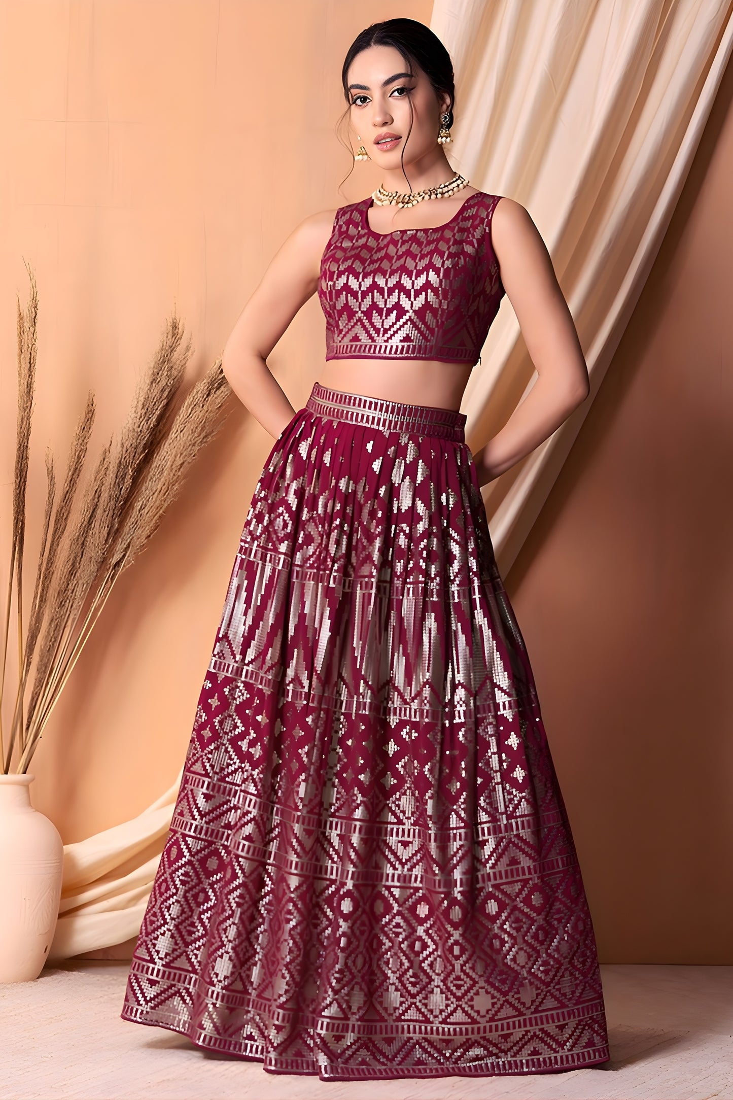 Trendy Wine Embroidered Georgette Wedding Lehenga Choli with Matching Dupatta