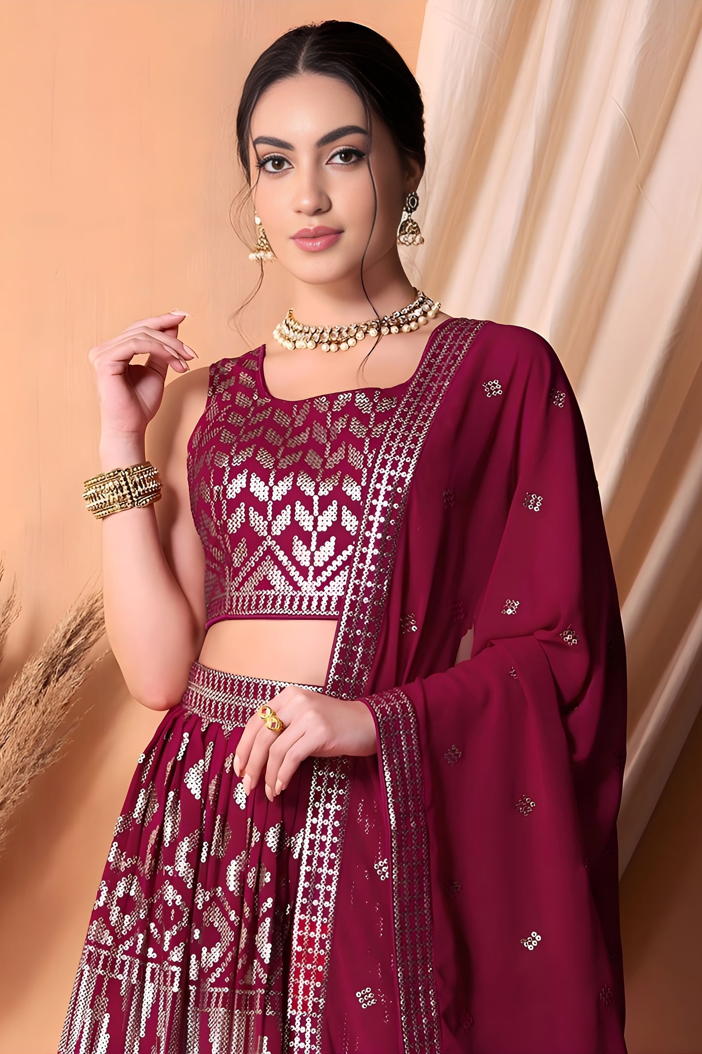 Trendy Wine Embroidered Georgette Wedding Lehenga Choli with Matching Dupatta