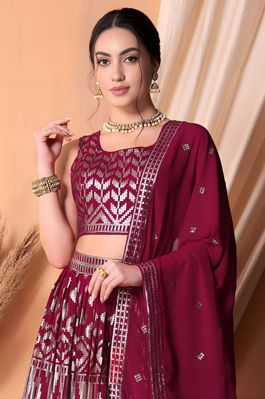 Trendy Wine Embroidered Georgette Wedding Lehenga Choli with Matching Dupatta