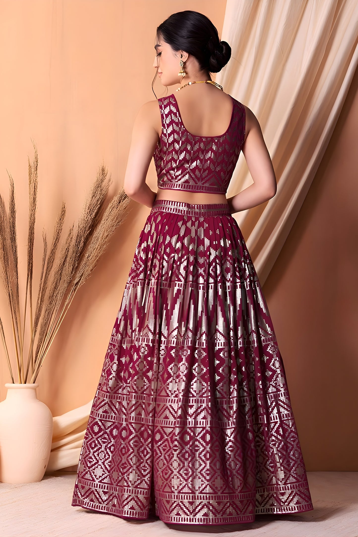 Trendy Wine Embroidered Georgette Wedding Lehenga Choli with Matching Dupatta