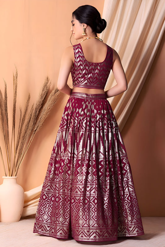 Trendy Wine Embroidered Georgette Wedding Lehenga Choli with Matching Dupatta
