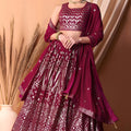 Trendy Wine Embroidered Georgette Wedding Lehenga Choli with Matching Dupatta