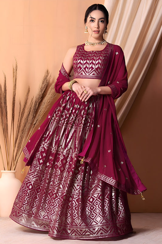 Trendy Wine Embroidered Georgette Wedding Lehenga Choli with Matching Dupatta