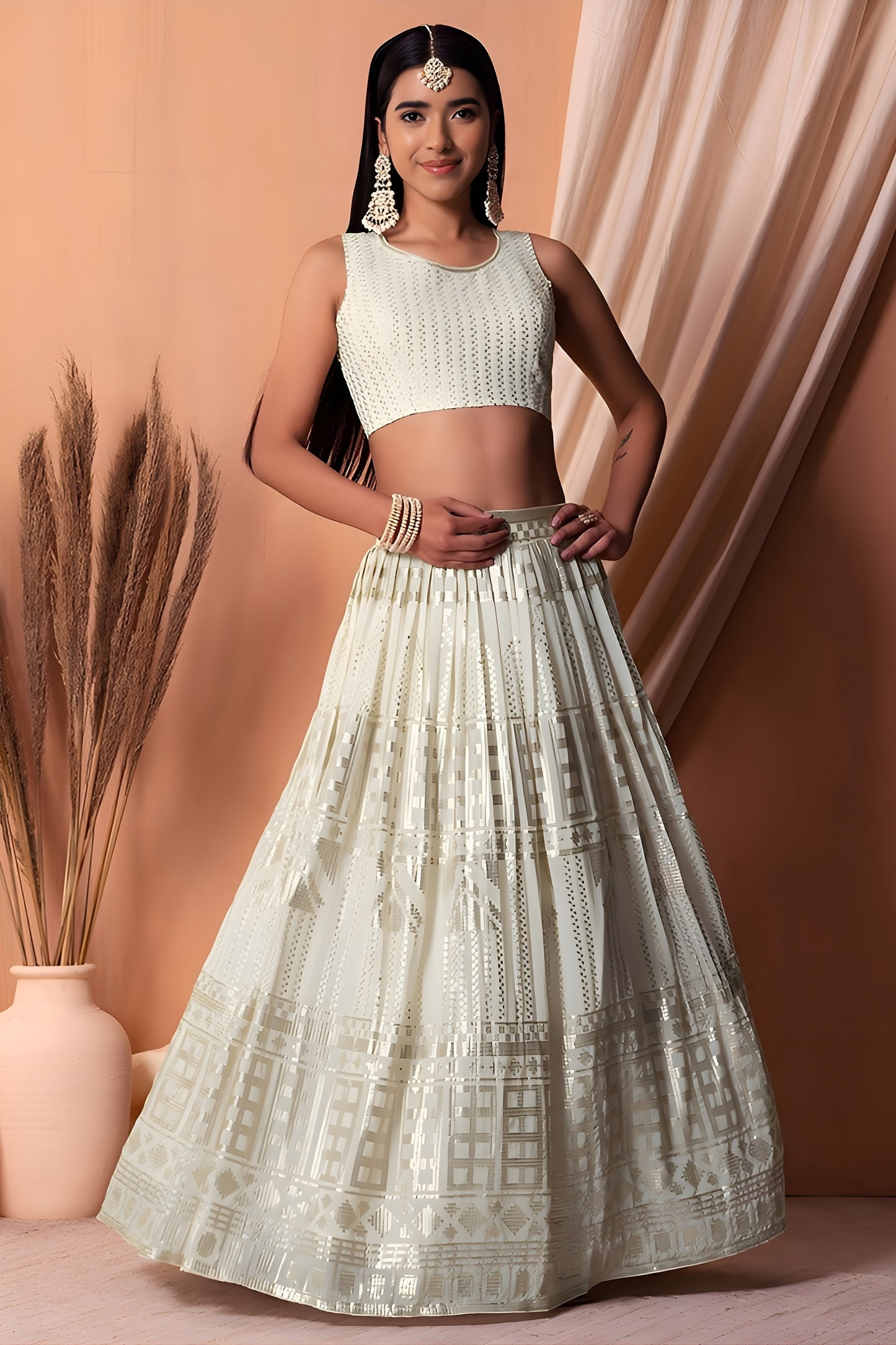 Charming White Embroidered Georgette Wedding Lehenga Choli with Matching Dupatta
