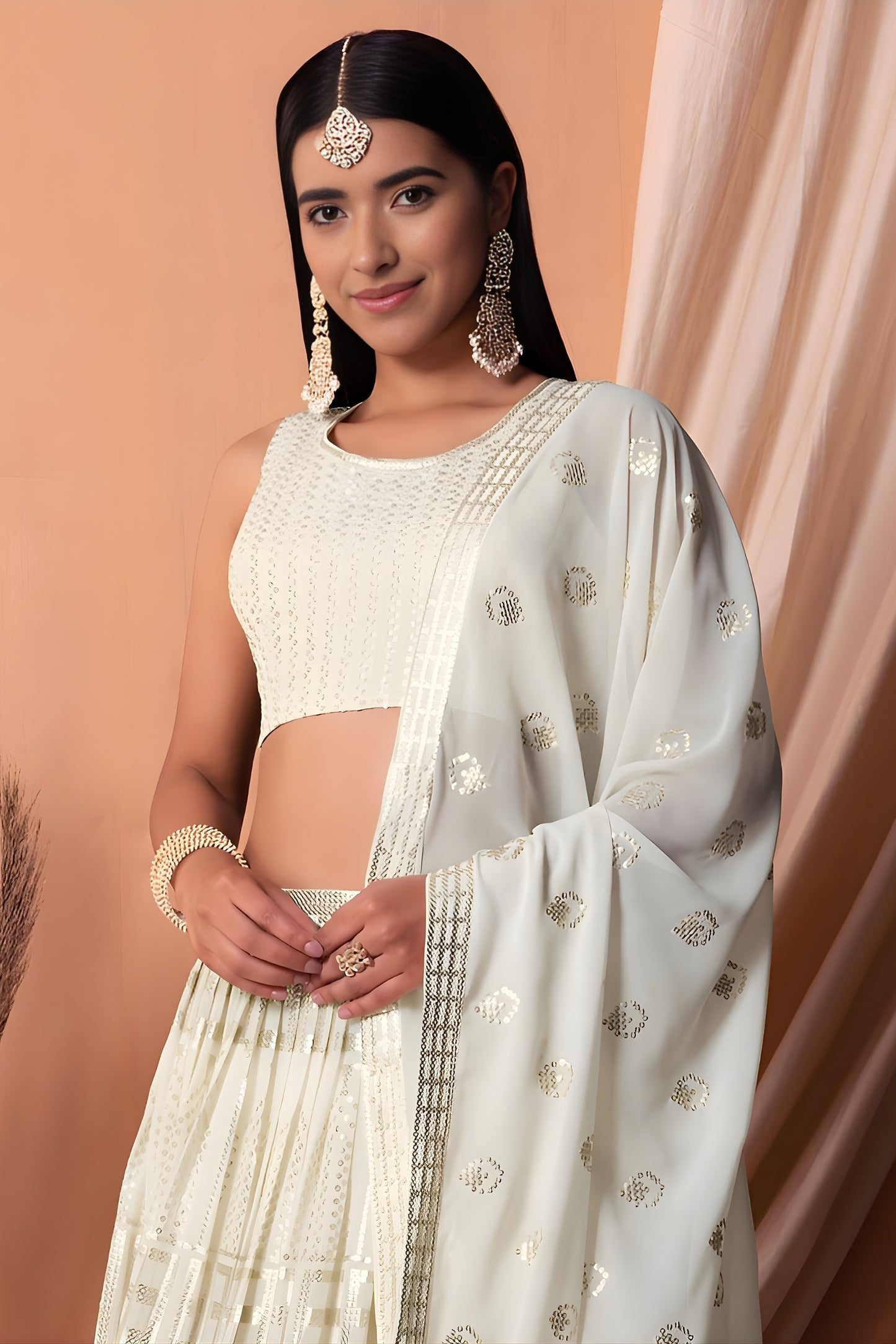 Charming White Embroidered Georgette Wedding Lehenga Choli with Matching Dupatta