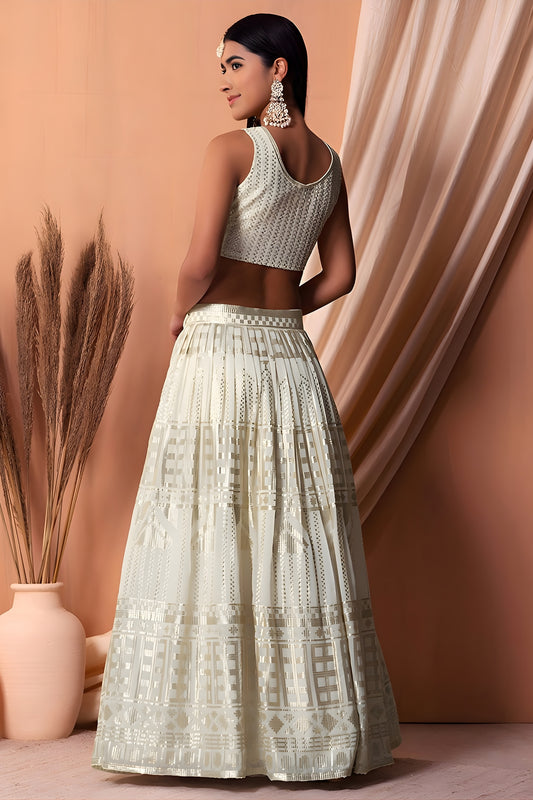 Charming White Embroidered Georgette Wedding Lehenga Choli with Matching Dupatta