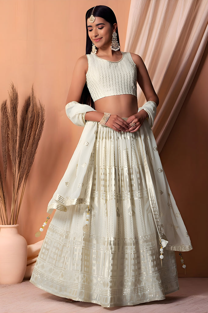Charming White Embroidered Georgette Wedding Lehenga Choli with Matching Dupatta