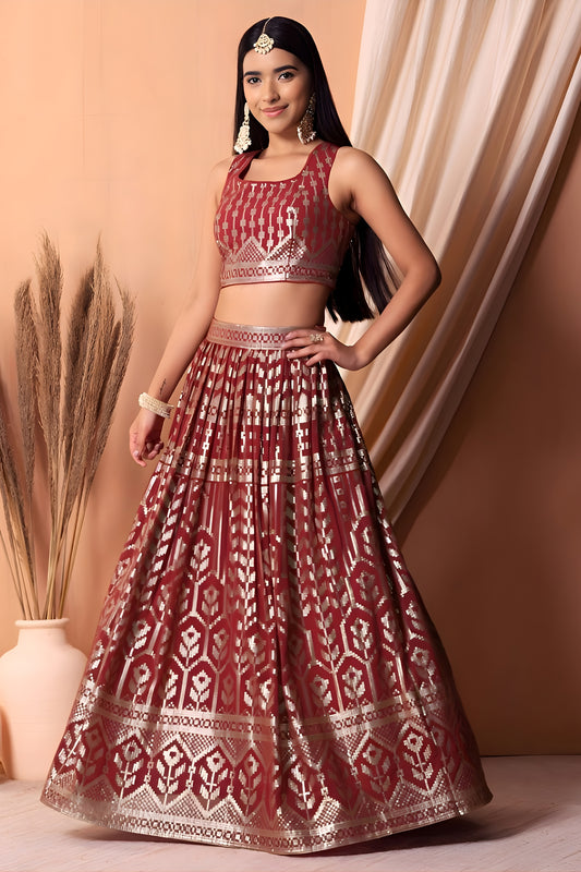 Fancy Maroon Embroidered Georgette Wedding Lehenga Choli with Matching Dupatta