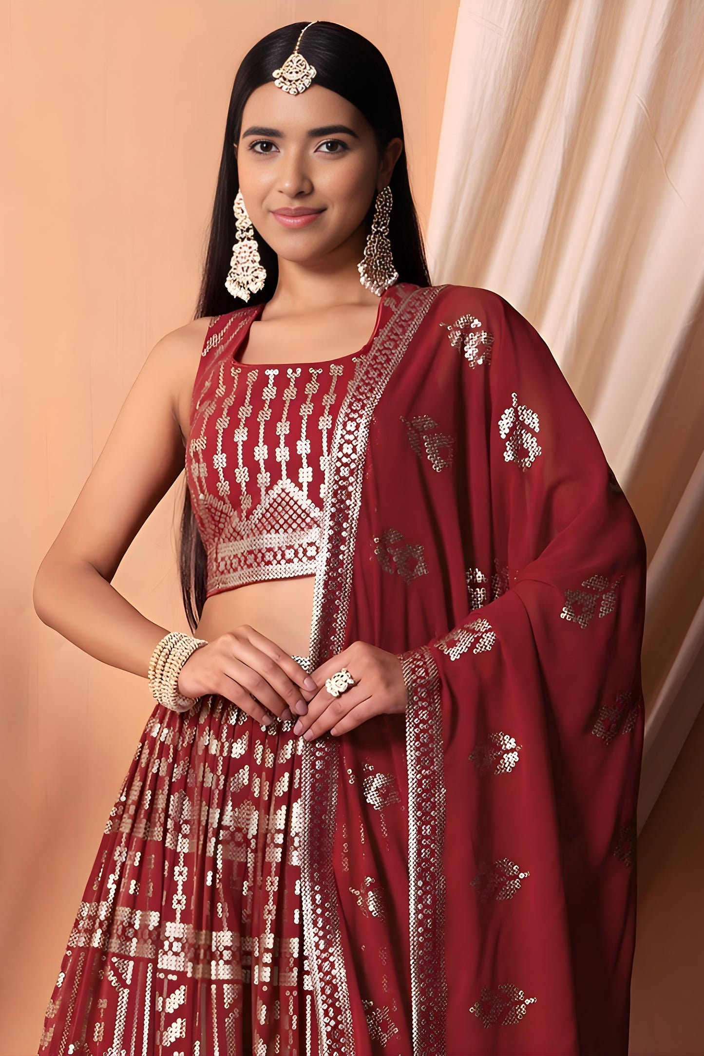 Fancy Maroon Embroidered Georgette Wedding Lehenga Choli with Matching Dupatta