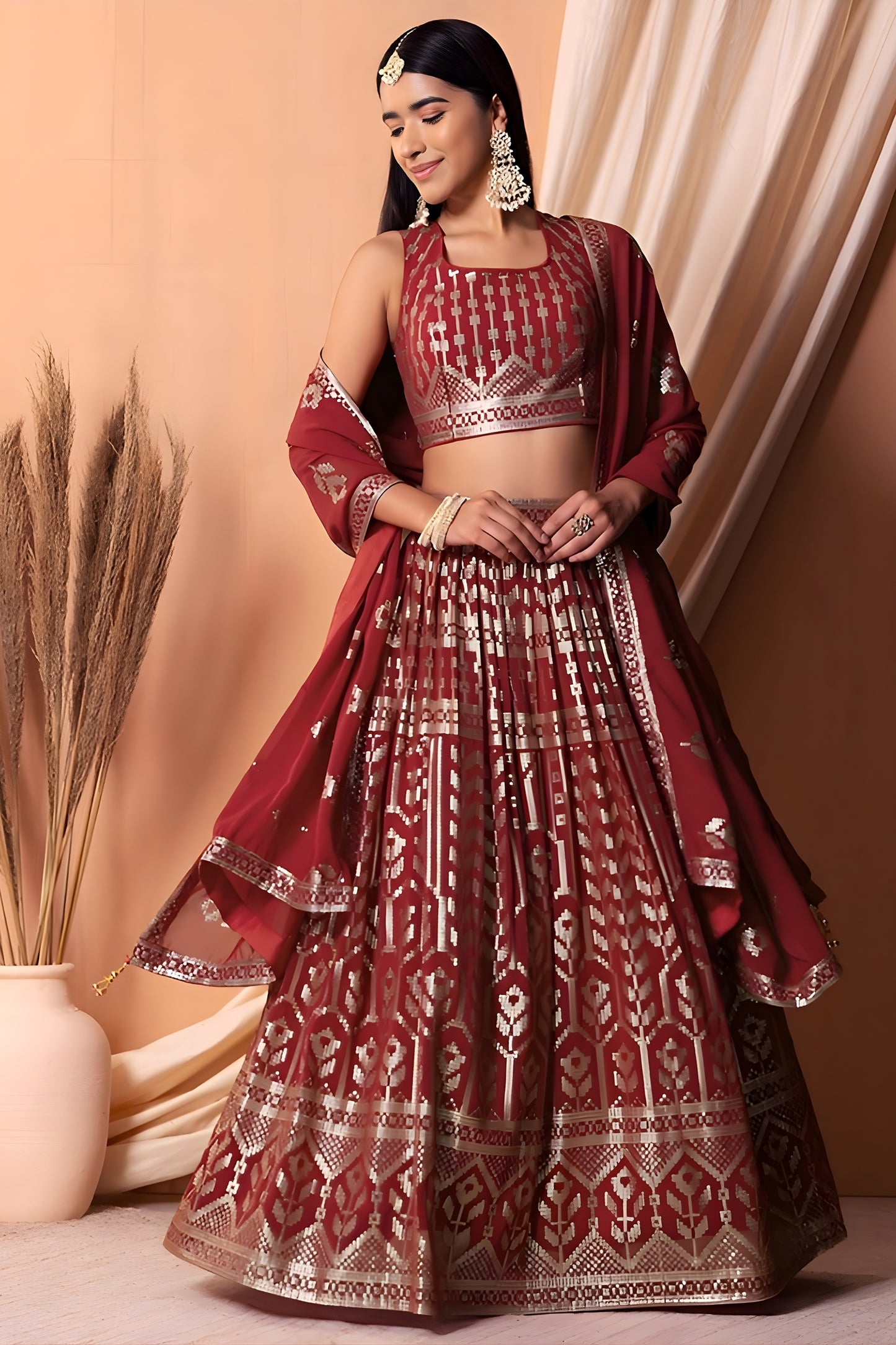 Fancy Maroon Embroidered Georgette Wedding Lehenga Choli with Matching Dupatta