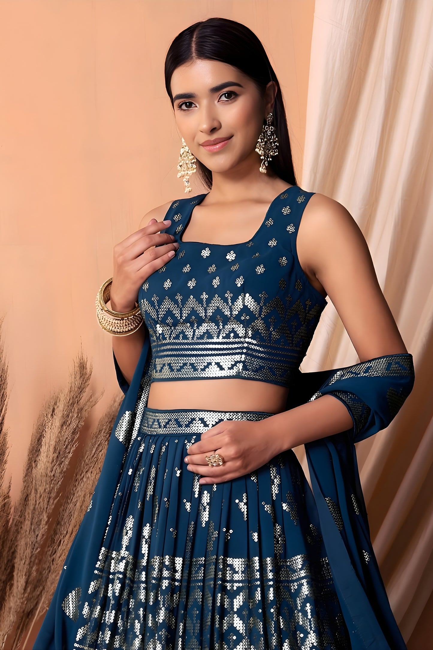 Latest Navy Blue Sequin Embroidered Georgette Wedding Lehenga Choli