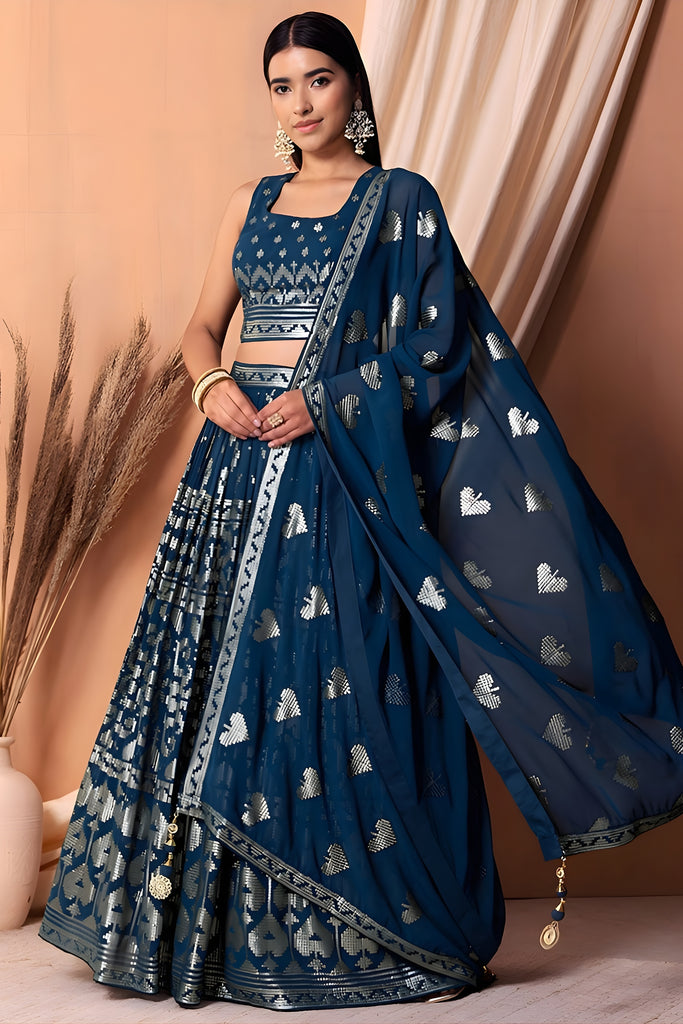 Latest Navy Blue Sequin Embroidered Georgette Wedding Lehenga Choli