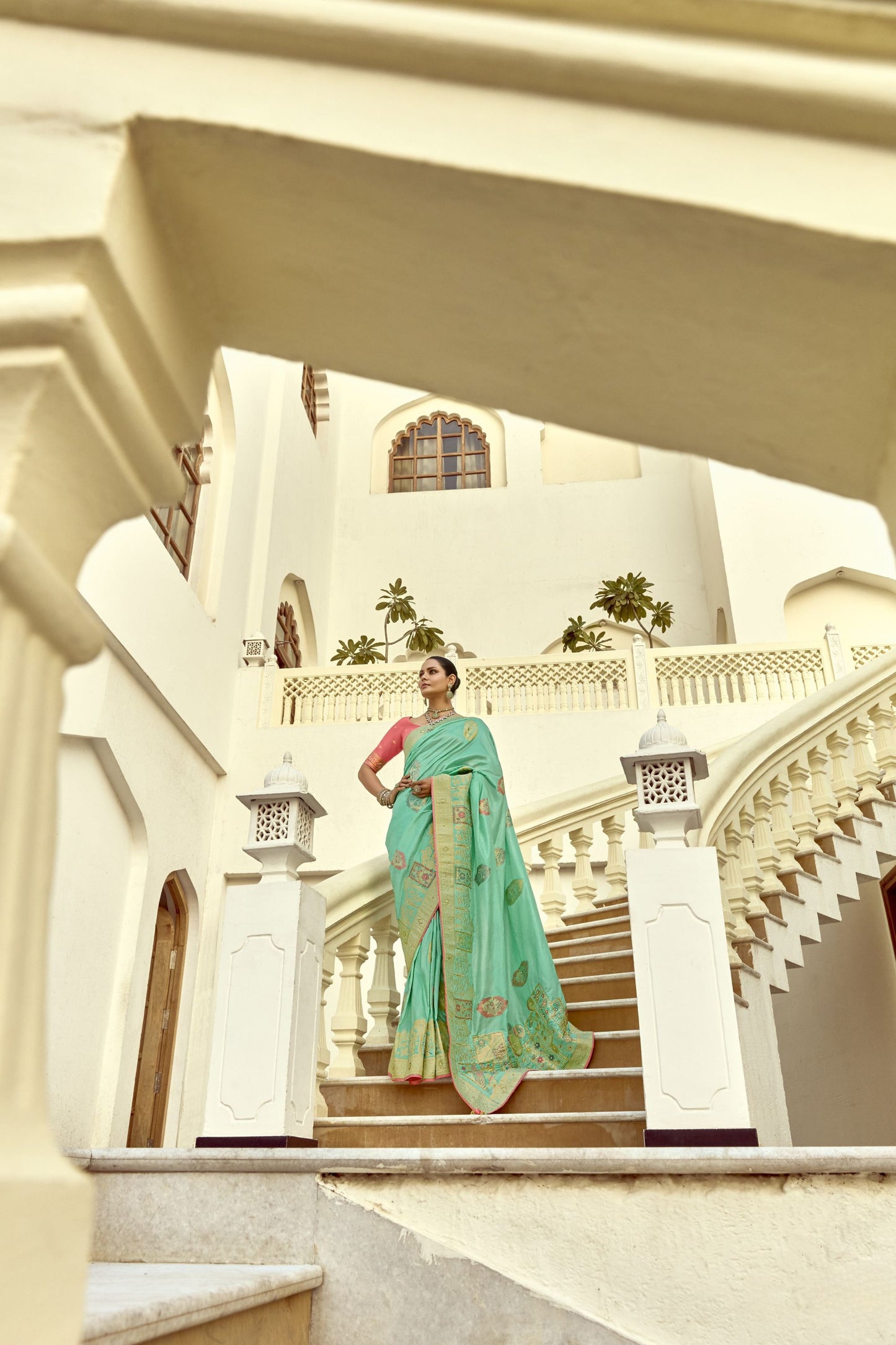 Sea Green Silk Saree with Antique Gold Zari Motifs Contrast Pink Blouse