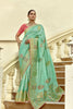 Sea Green Silk Saree with Antique Gold Zari Motifs Contrast Pink Blouse 