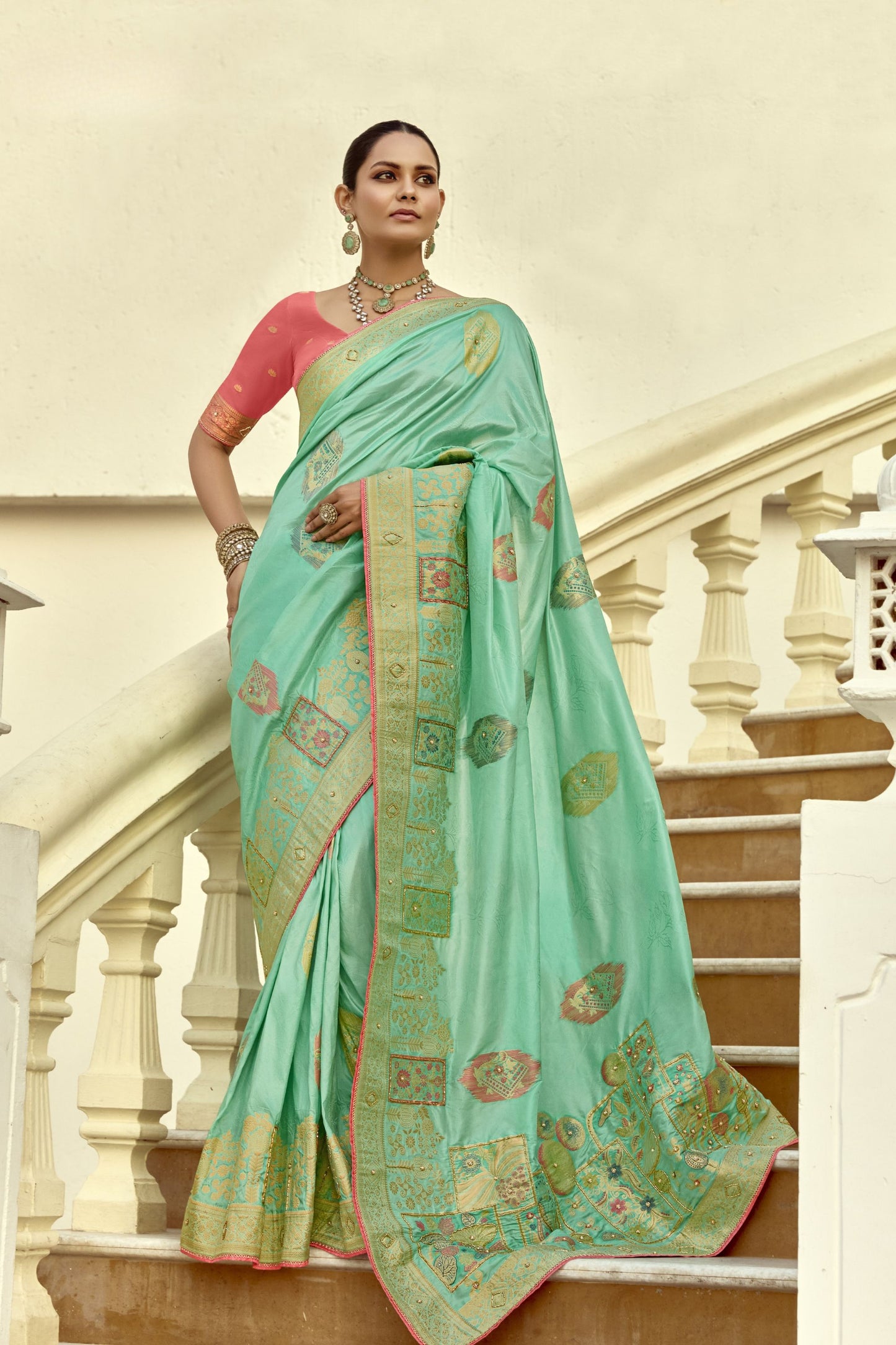 Sea Green Silk Saree with Antique Gold Zari Motifs Contrast Pink Blouse 