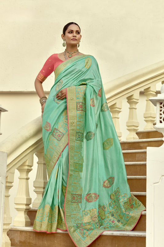 Sea Green Silk Saree with Antique Gold Zari Motifs Contrast Pink Blouse 