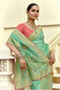 Sea Green Silk Saree with Antique Gold Zari Motifs Contrast Pink Blouse