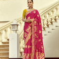 Rani Pink Silk Saree with Rich Gold Zari Motifs Contrast Mustard Blouse