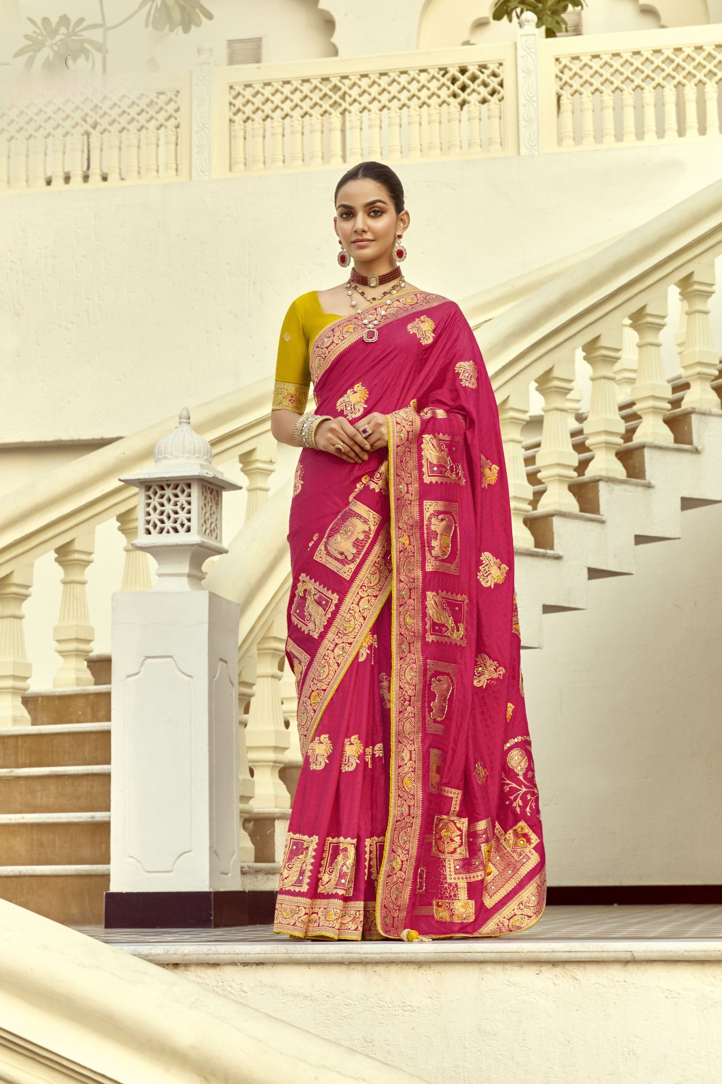 Rani Pink Silk Saree with Rich Gold Zari Motifs Contrast Mustard Blouse