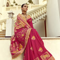 Rani Pink Silk Saree with Rich Gold Zari Motifs Contrast Mustard Blouse
