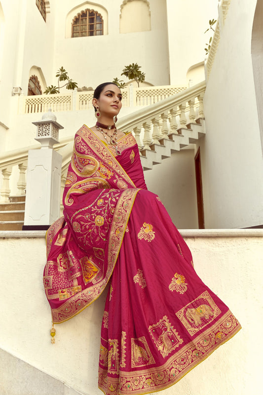 Rani Pink Silk Saree with Rich Gold Zari Motifs Contrast Mustard Blouse