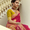 Rani Pink Silk Saree with Rich Gold Zari Motifs Contrast Mustard Blouse
