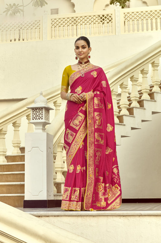 Rani Pink Silk Saree with Rich Gold Zari Motifs Contrast Mustard Blouse