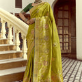 Olive Green Silk Saree with Gold Zari Motifs Designer Woven Border