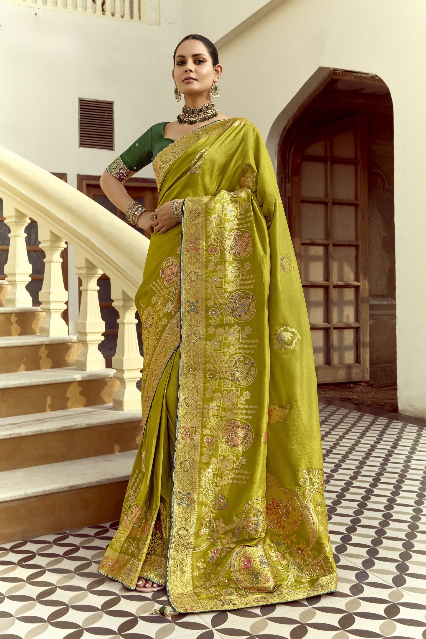 Olive Green Silk Saree with Gold Zari Motifs Designer Woven Border