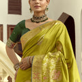 Olive Green Silk Saree with Gold Zari Motifs Designer Woven Border