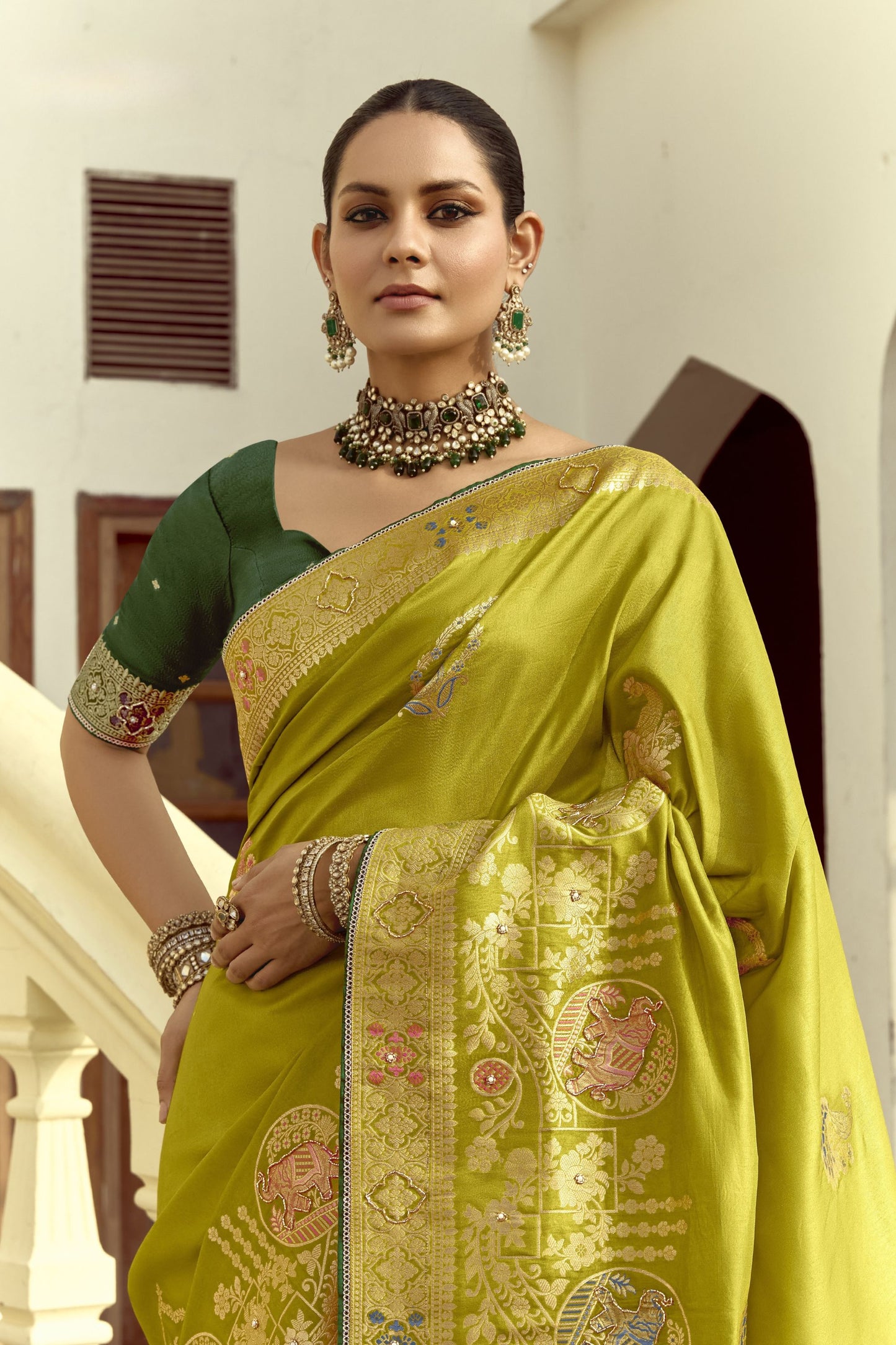 Olive Green Silk Saree with Gold Zari Motifs Designer Woven Border