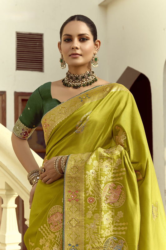Olive Green Silk Saree with Gold Zari Motifs Designer Woven Border