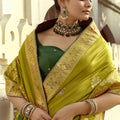 Olive Green Silk Saree with Gold Zari Motifs Designer Woven Border