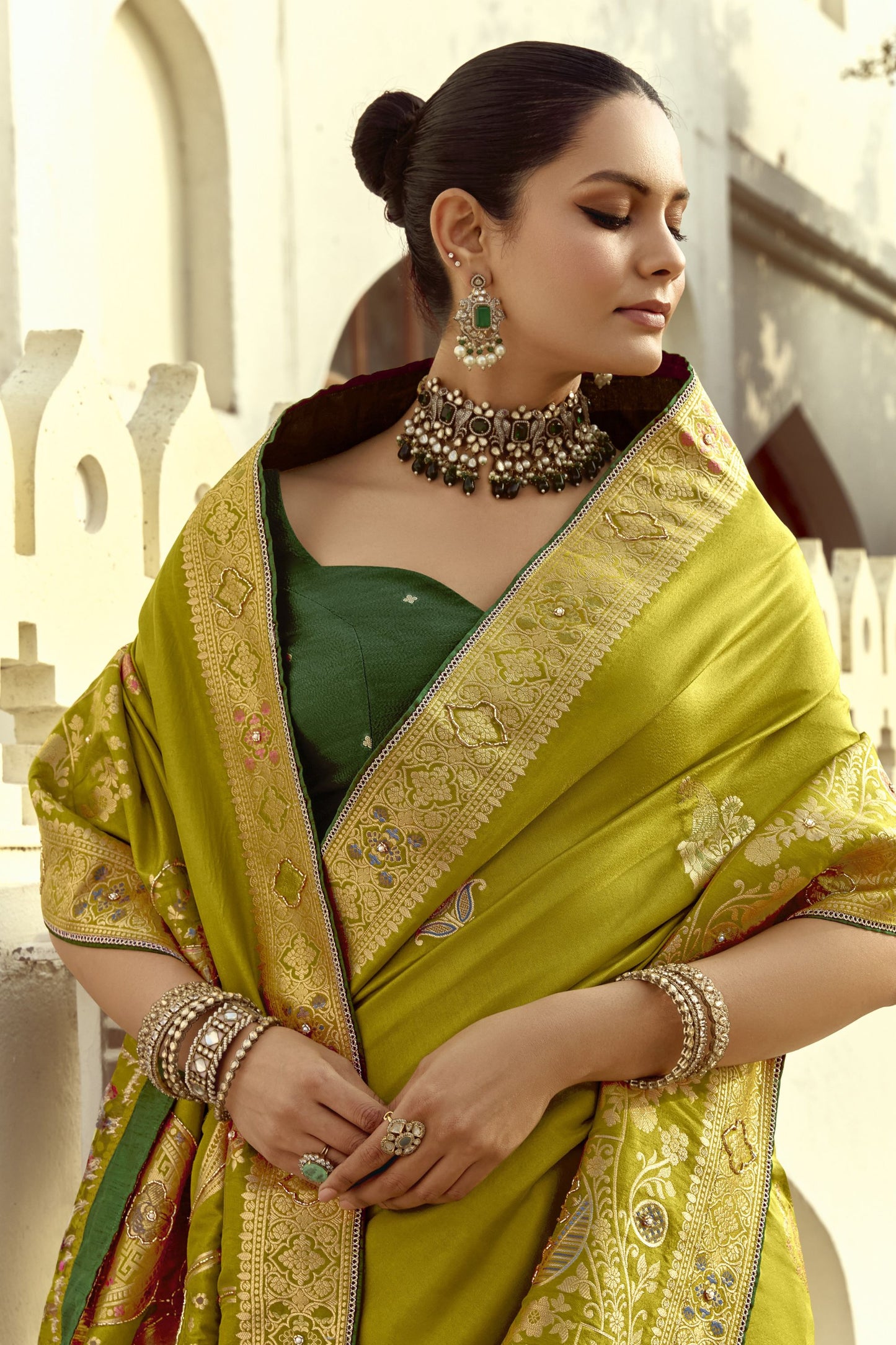 Olive Green Silk Saree with Gold Zari Motifs Designer Woven Border