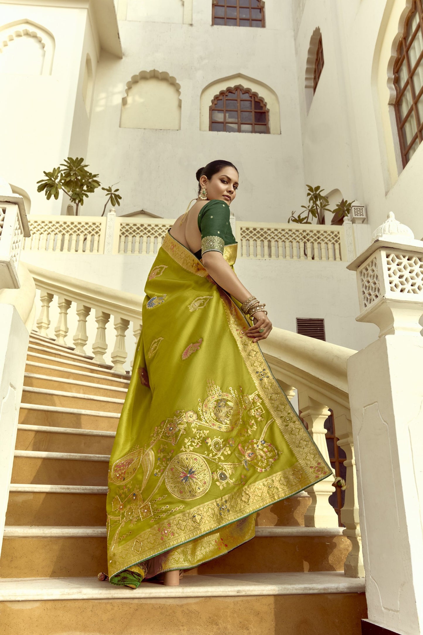 Olive Green Silk Saree with Gold Zari Motifs Designer Woven Border