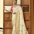 Ivory White Silk Saree with Rich Gold Zari Floral Motifs Pink Contrast Border