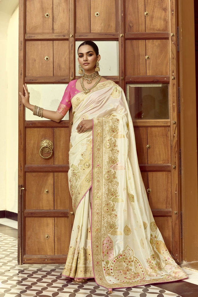 Ivory White Silk Saree with Rich Gold Zari Floral Motifs Pink Contrast Border