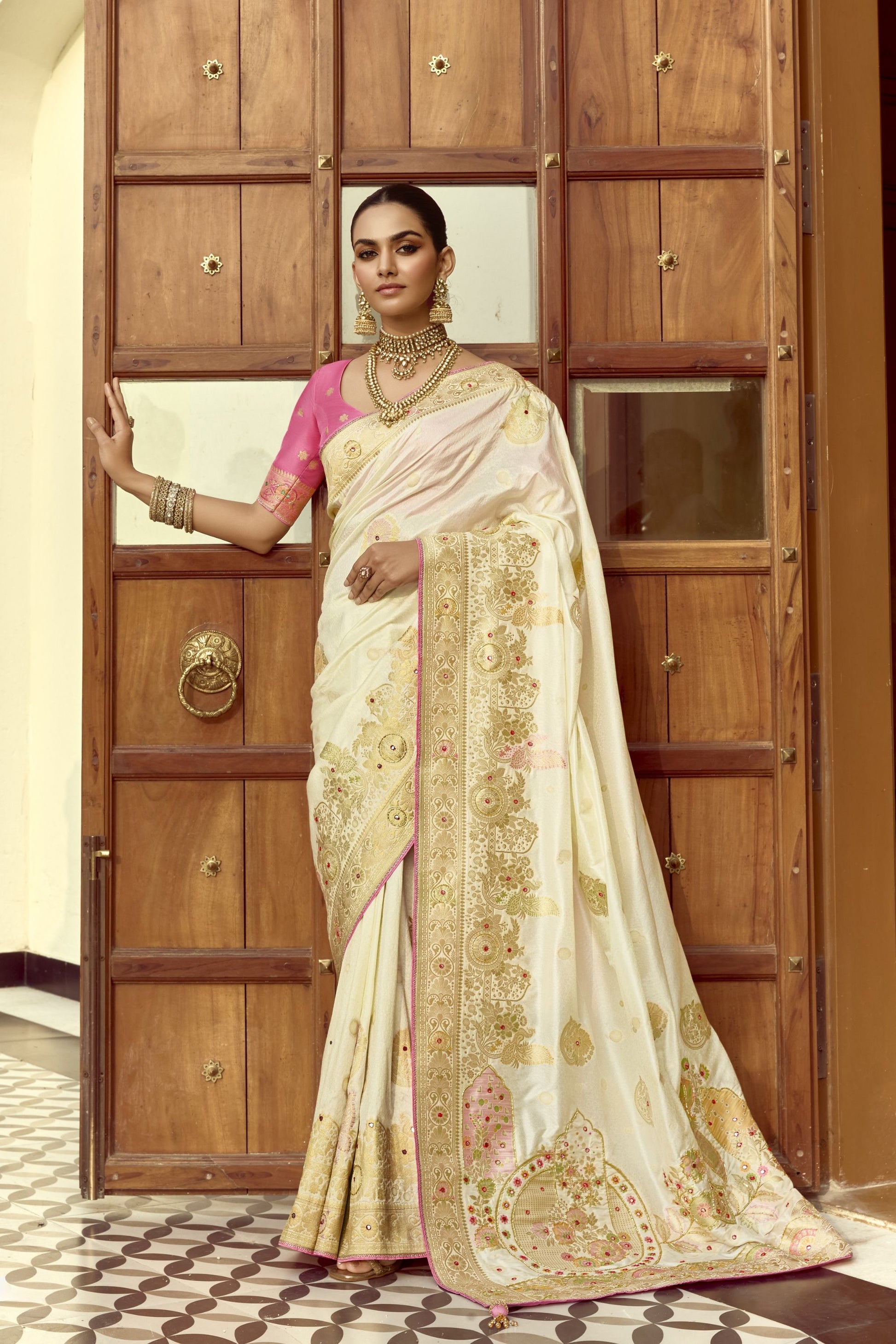 Ivory White Silk Saree with Rich Gold Zari Floral Motifs Pink Contrast Border