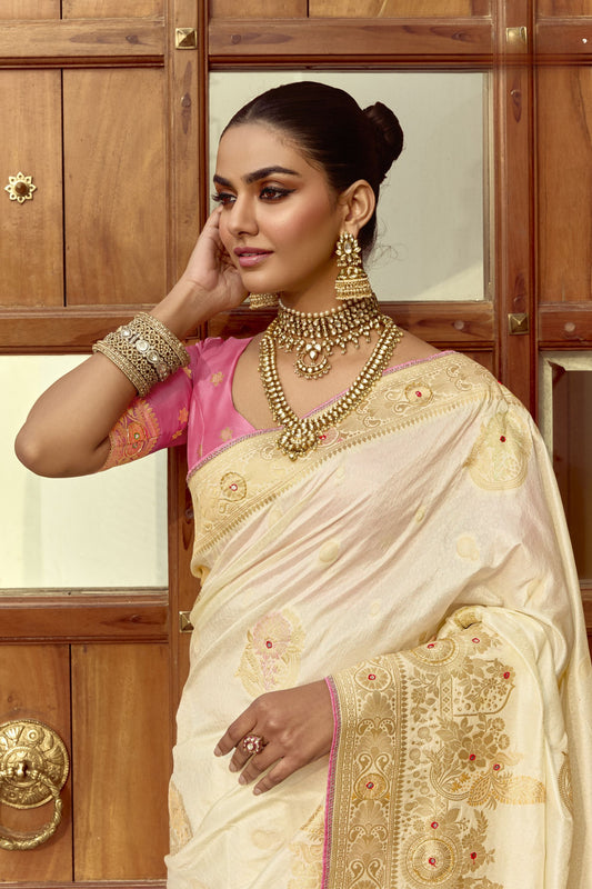 Ivory White Silk Saree with Rich Gold Zari Floral Motifs Pink Contrast Border