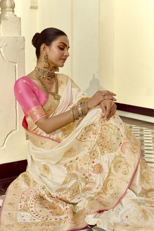 Ivory White Silk Saree with Rich Gold Zari Floral Motifs Pink Contrast Border