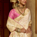 Ivory White Silk Saree with Rich Gold Zari Floral Motifs Pink Contrast Border