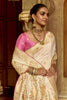 Ivory White Silk Saree with Rich Gold Zari Floral Motifs Pink Contrast Border
