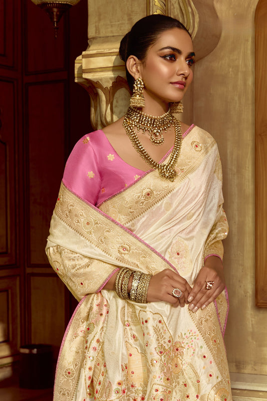 Ivory White Silk Saree with Rich Gold Zari Floral Motifs Pink Contrast Border