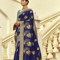 Royal Navy Blue Silk Saree Multicolor Floral Gold Zari  Designer  Border 