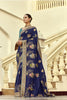 Royal Navy Blue Silk Saree Multicolor Floral Gold Zari  Designer  Border 