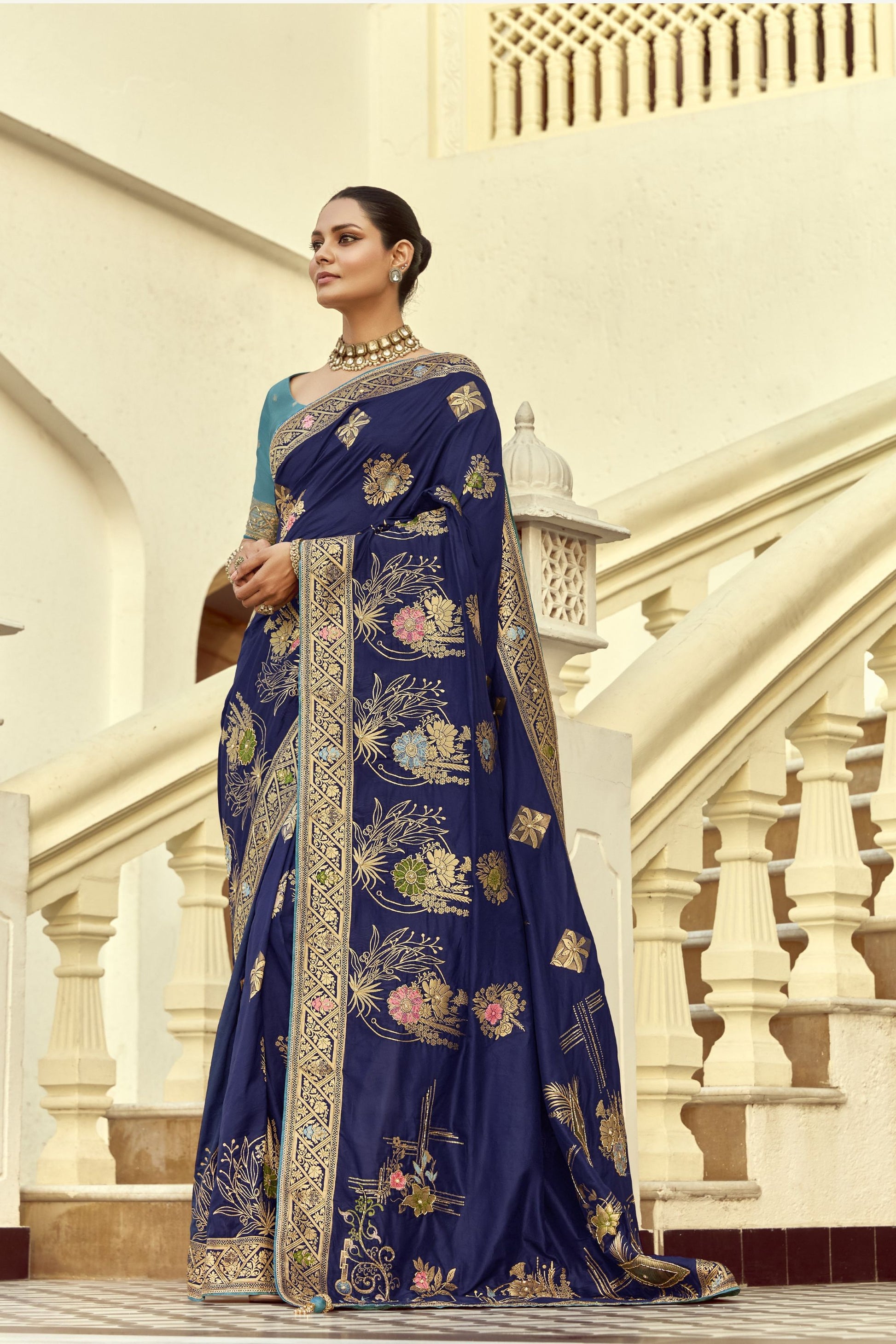 Royal Navy Blue Silk Saree Multicolor Floral Gold Zari  Designer  Border 