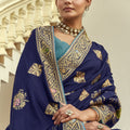 Royal Navy Blue Silk Saree Multicolor Floral Gold Zari  Designer  Border