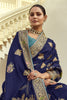Royal Navy Blue Silk Saree Multicolor Floral Gold Zari  Designer  Border