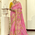 Blush Pink Silk Saree Intricate Gold Zari Peacock Motif Festive Wear Saree 