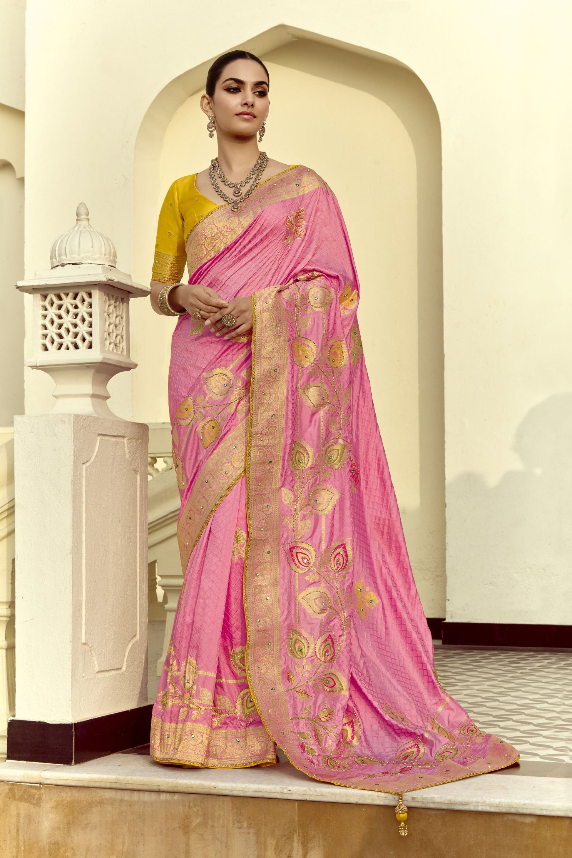 Blush Pink Silk Saree Intricate Gold Zari Peacock Motif Festive Wear Saree 